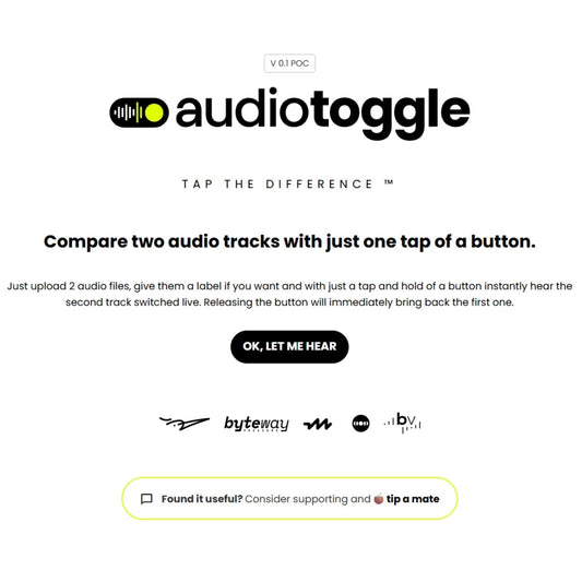 AudioToggle — compare two audio tracks with one tap (tap & hold A/B); Black View Studio demo buttons show how it works