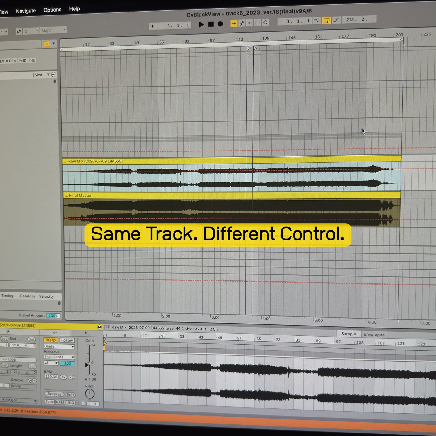 Waveform comparison showing the same track before and after mastering