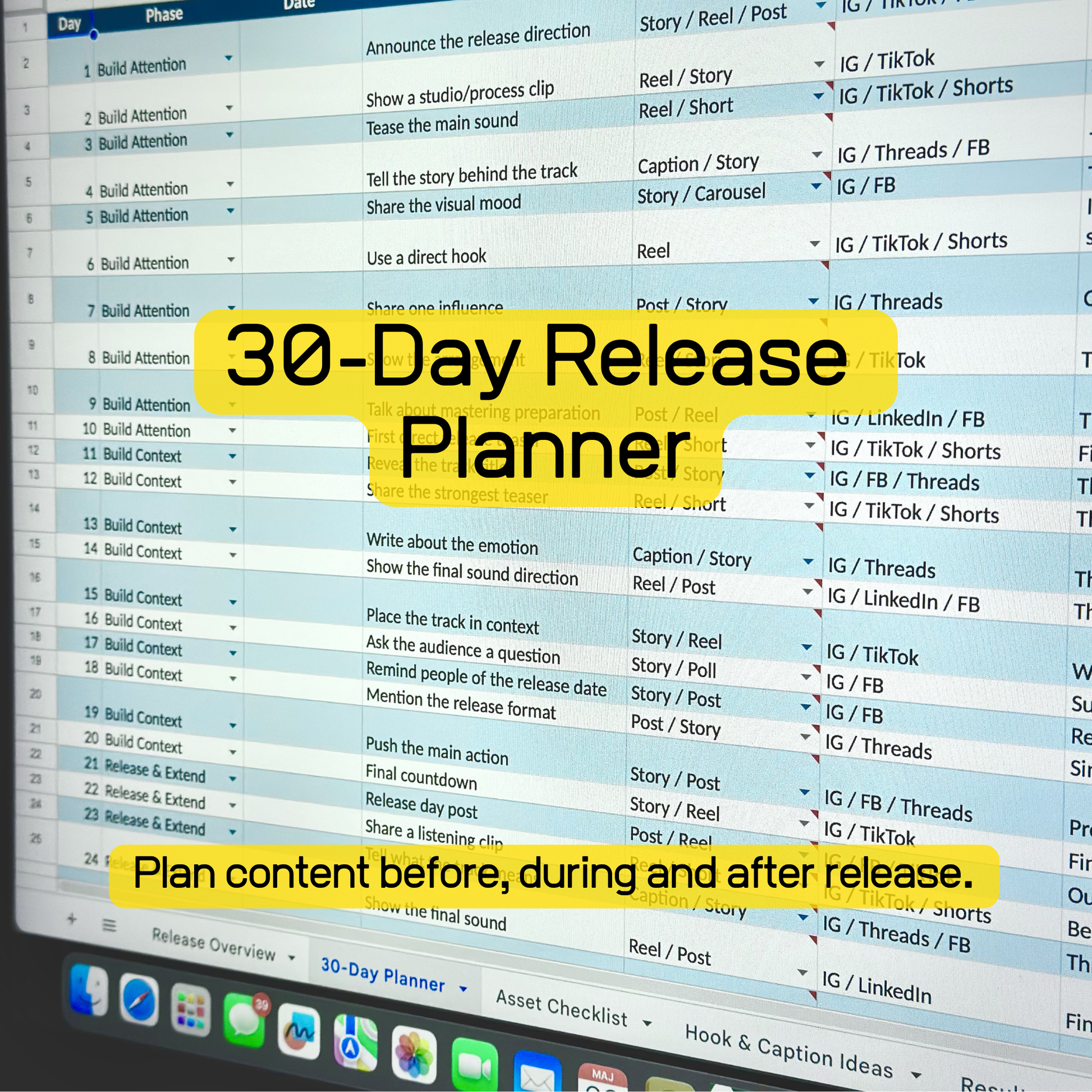 30-day release content planner preview for organizing hooks, platforms, assets and campaign status.