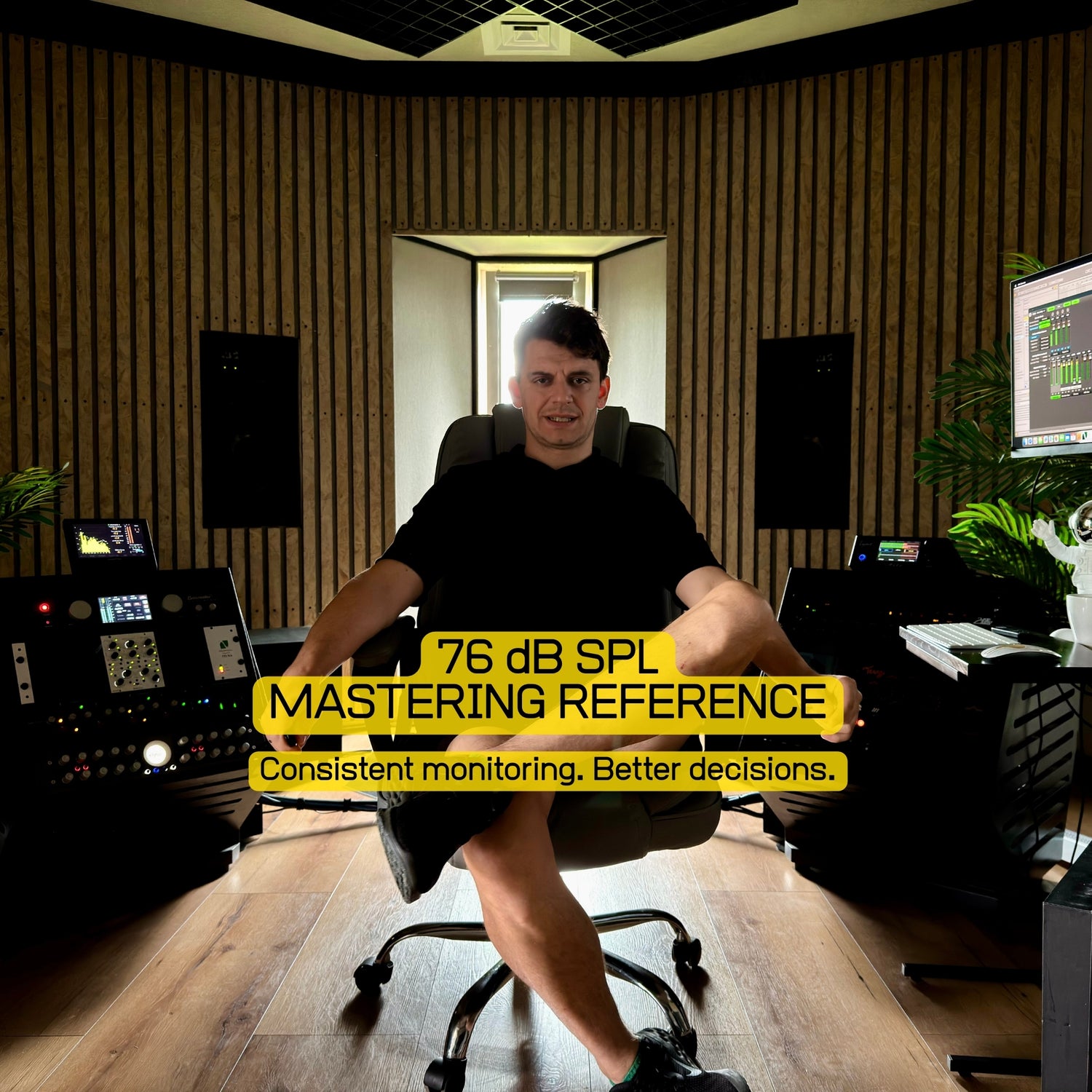 Mastering studio monitoring calibration at 76 dB SPL for consistent audio mastering decisions at Black View Studio