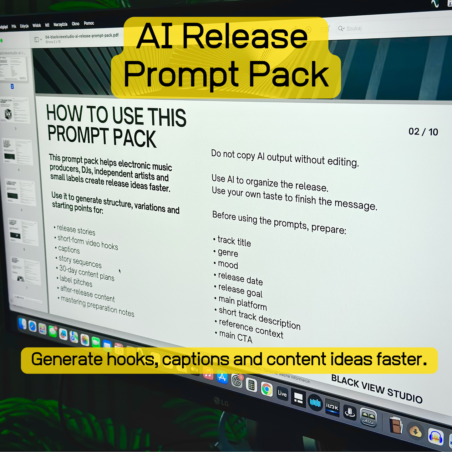 AI release prompt pack preview for generating hooks, captions, story ideas and release content variations.