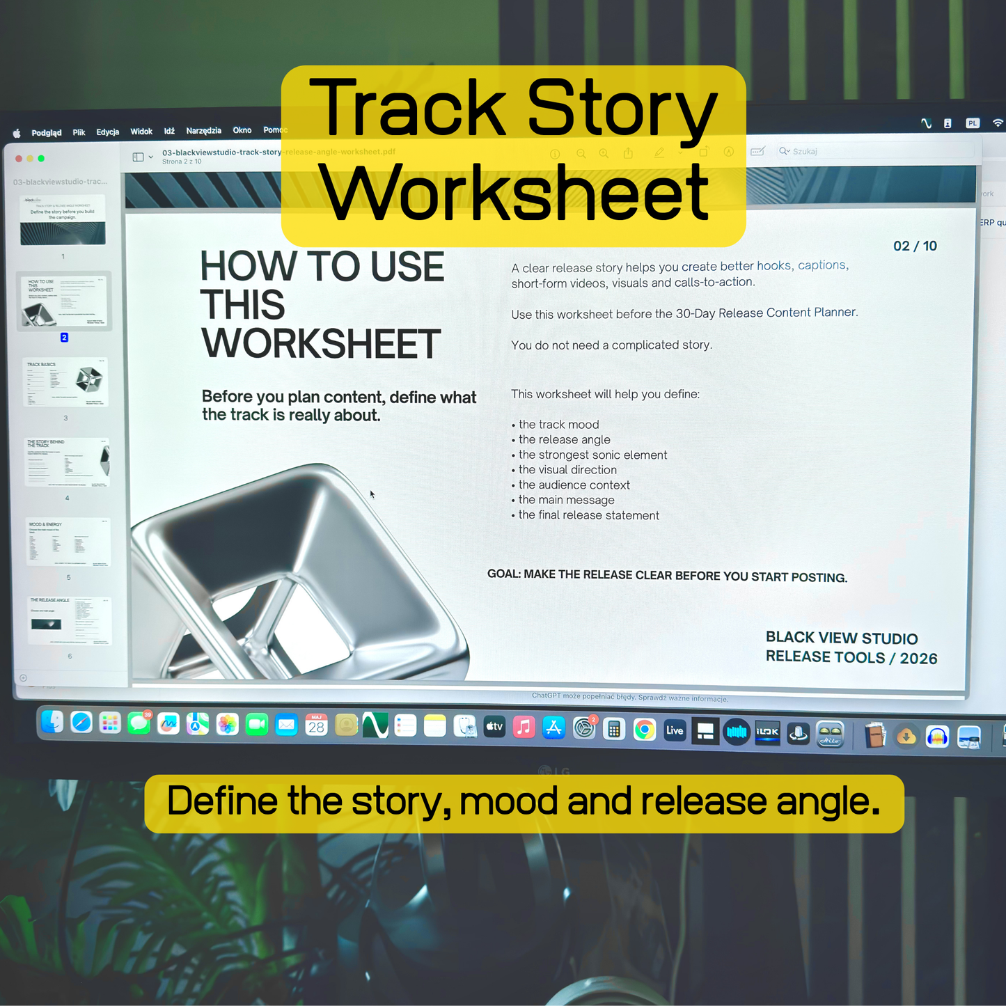 Track story and release angle worksheet preview for defining the mood, message and direction of a music release.
