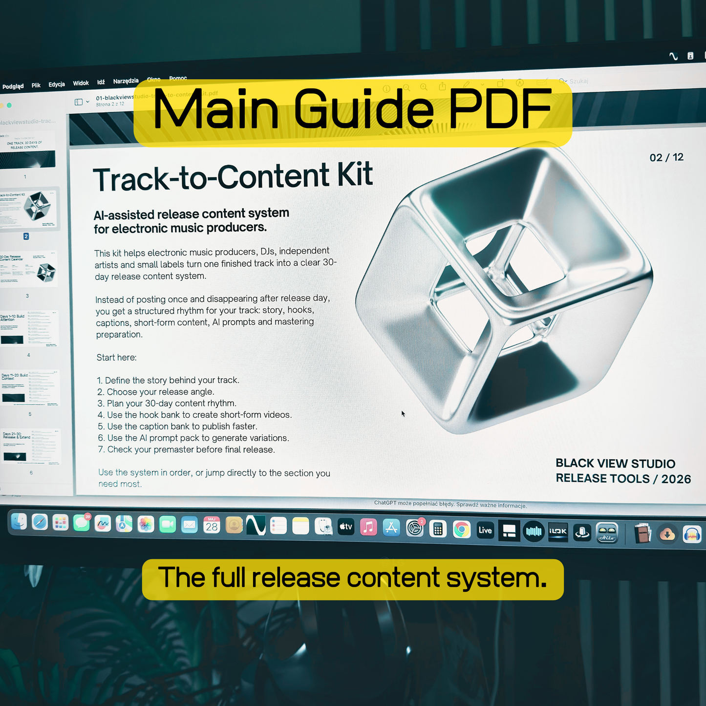 Main Track-to-Content Kit PDF preview for electronic music producers planning release content.